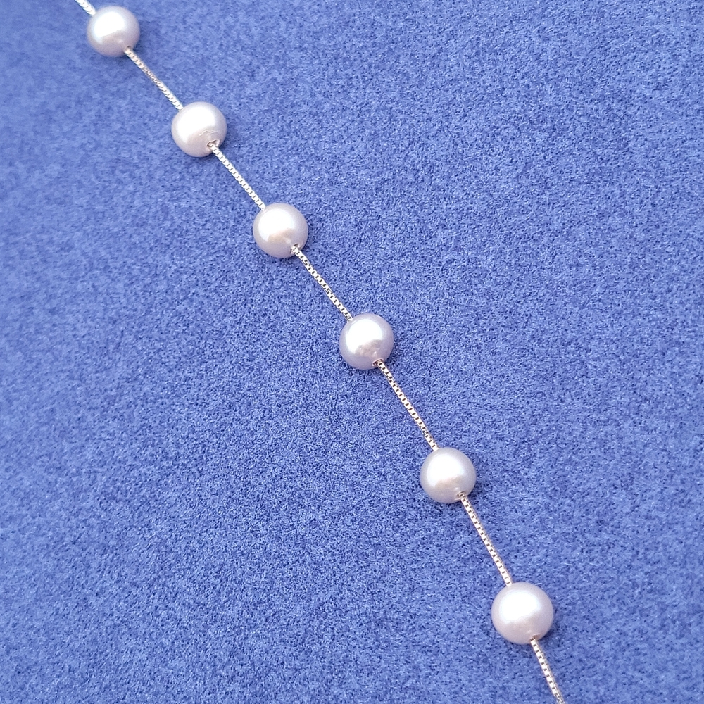 14k/585 White Gold Pearl Station Necklace Box Link Chain 17" - Picture 5 of 7